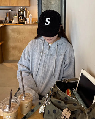 Studded Vintage Hooded Zip-Up