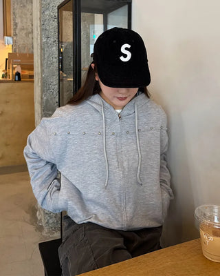 Studded Vintage Hooded Zip-Up
