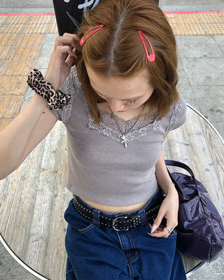 Lace layered neck French T-shirt