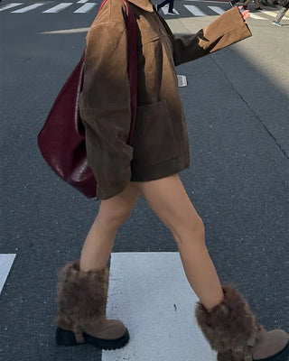 Harness-attached pattern fur suede short boots