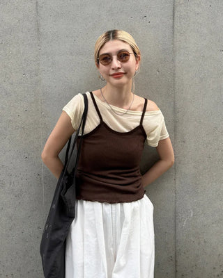 See-through off-shoulder cap t-shirt