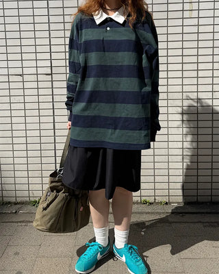 Colored neck striped long T-shirt