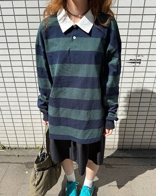 Colored neck striped long T-shirt