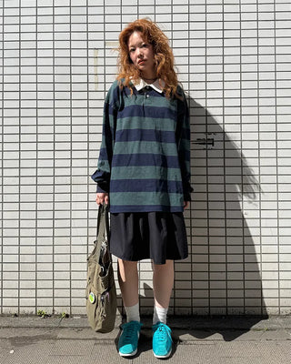Colored neck striped long T-shirt