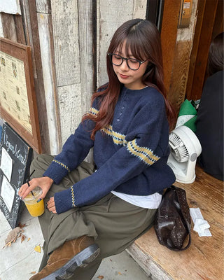 (Unisex) Jacquard Henley Neck Knit