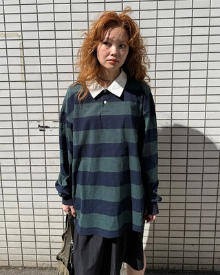 Colored neck striped long T-shirt