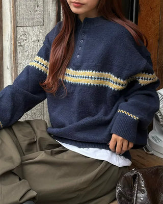 (Unisex) Jacquard Henley Neck Knit