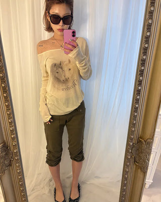 Double Horse Raglan Shoulder Long T-Shirt