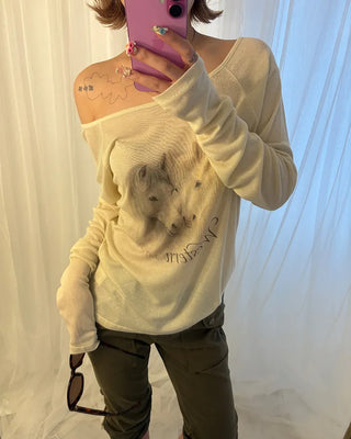 Double Horse Raglan Shoulder Long T-Shirt