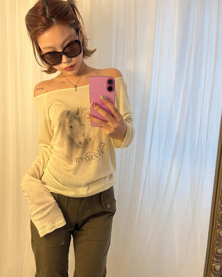 Double Horse Raglan Shoulder Long T-Shirt