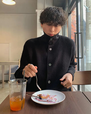 (Unisex) High-neck button-up ribbed cardigan