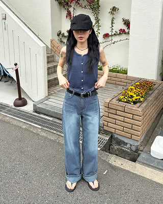 Striped denim wide-leg pants