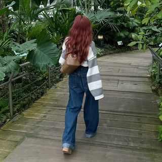 Wide-leg denim pants with elastic waistband