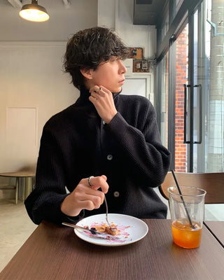 (Unisex) High-neck button-up ribbed cardigan
