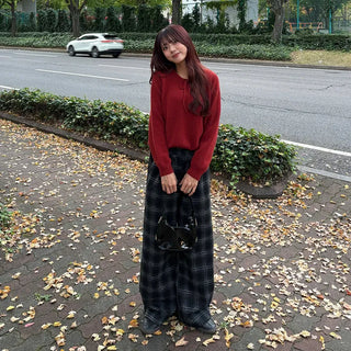 (Unisex) Fleece-lined checkered wide-leg pants