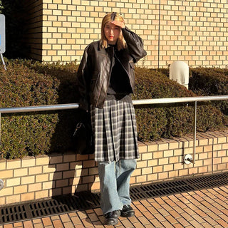 Wool check midi skirt