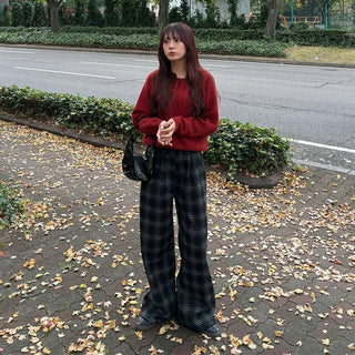 (Unisex) Fleece-lined checkered wide-leg pants