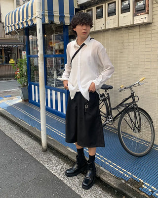 Pleated sheer long-sleeved shirt