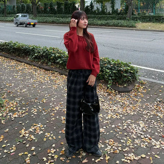 (Unisex) Fleece-lined checkered wide-leg pants