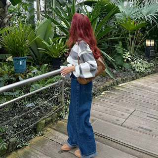 Wide-leg denim pants with elastic waistband