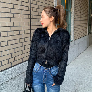 Angora Texture Color Zipper Cardigan