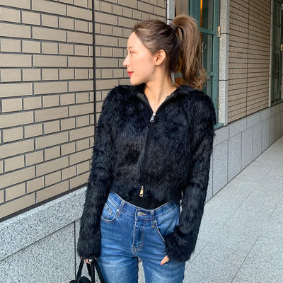 Angora Texture Color Zipper Cardigan