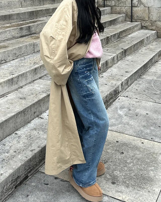Mixed stud deep whisker wash denim pants