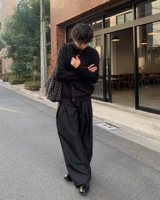 (Unisex) High-neck button-up ribbed cardigan