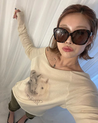 Double Horse Raglan Shoulder Long T-Shirt