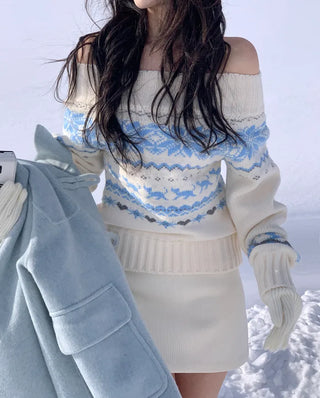 [2-way] Snowflake print off-shoulder knit