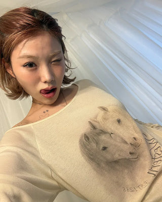 Double Horse Raglan Shoulder Long T-Shirt