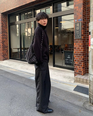(Unisex) High-neck button-up ribbed cardigan