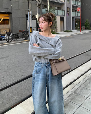 Slit denim wide-leg pants