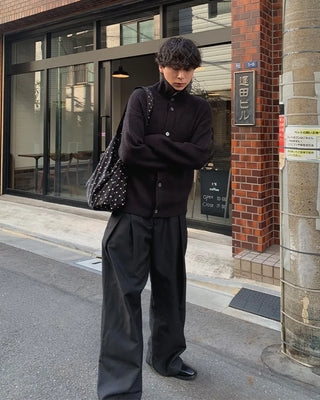 (Unisex) High-neck button-up ribbed cardigan