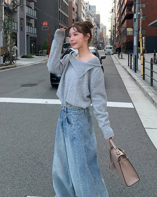 Slit denim wide-leg pants