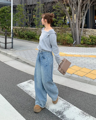Slit denim wide-leg pants