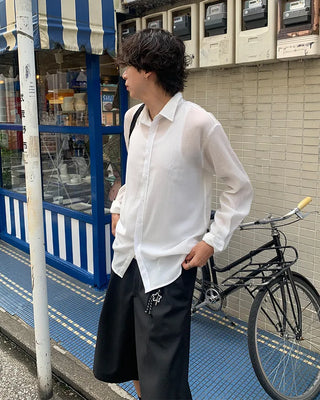 Pleated sheer long-sleeved shirt