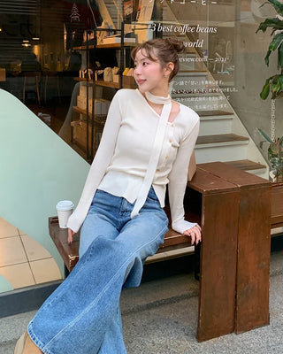 Diagonal slit cotton denim pants