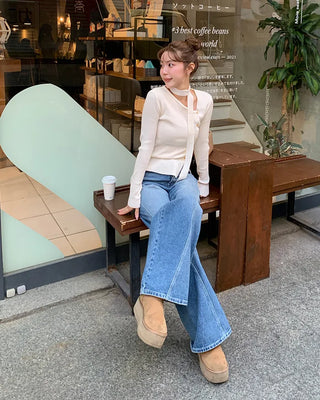 Diagonal slit cotton denim pants