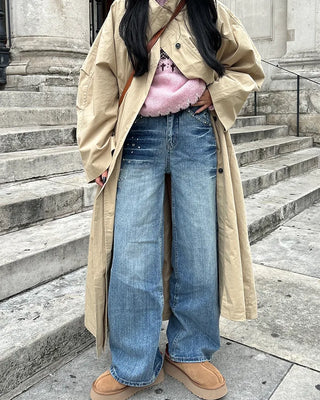 Mixed stud deep whisker wash denim pants