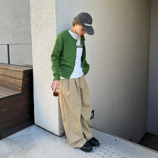 Double-pleated cotton wide-leg pants