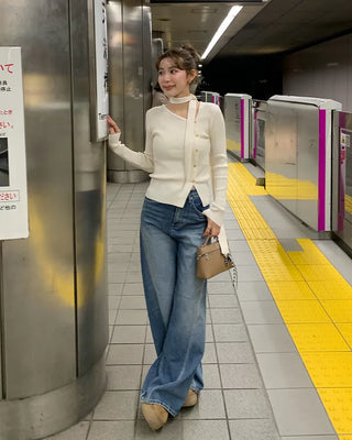 Diagonal slit cotton denim pants