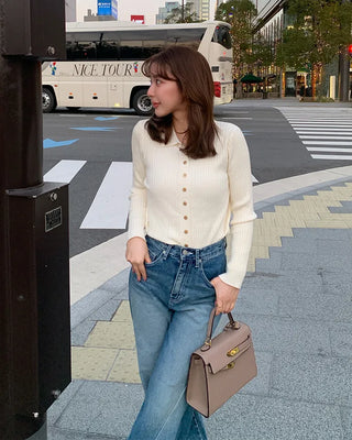 Ribbed collar button slim cardigan