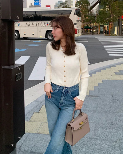 Ribbed collar button slim cardigan