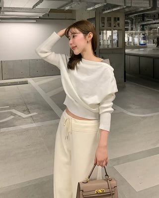 Layered design off-shoulder ribbed slim knit