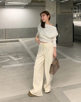 Layered design off-shoulder ribbed slim knit