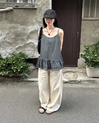 Checked Shirring Sleeveless Dress