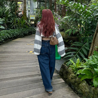 Wide-leg denim pants with elastic waistband