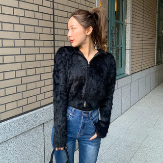 Angora Texture Color Zipper Cardigan