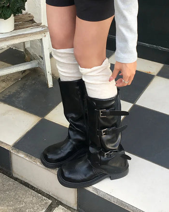 Square-toe triple-strap mid-calf boots